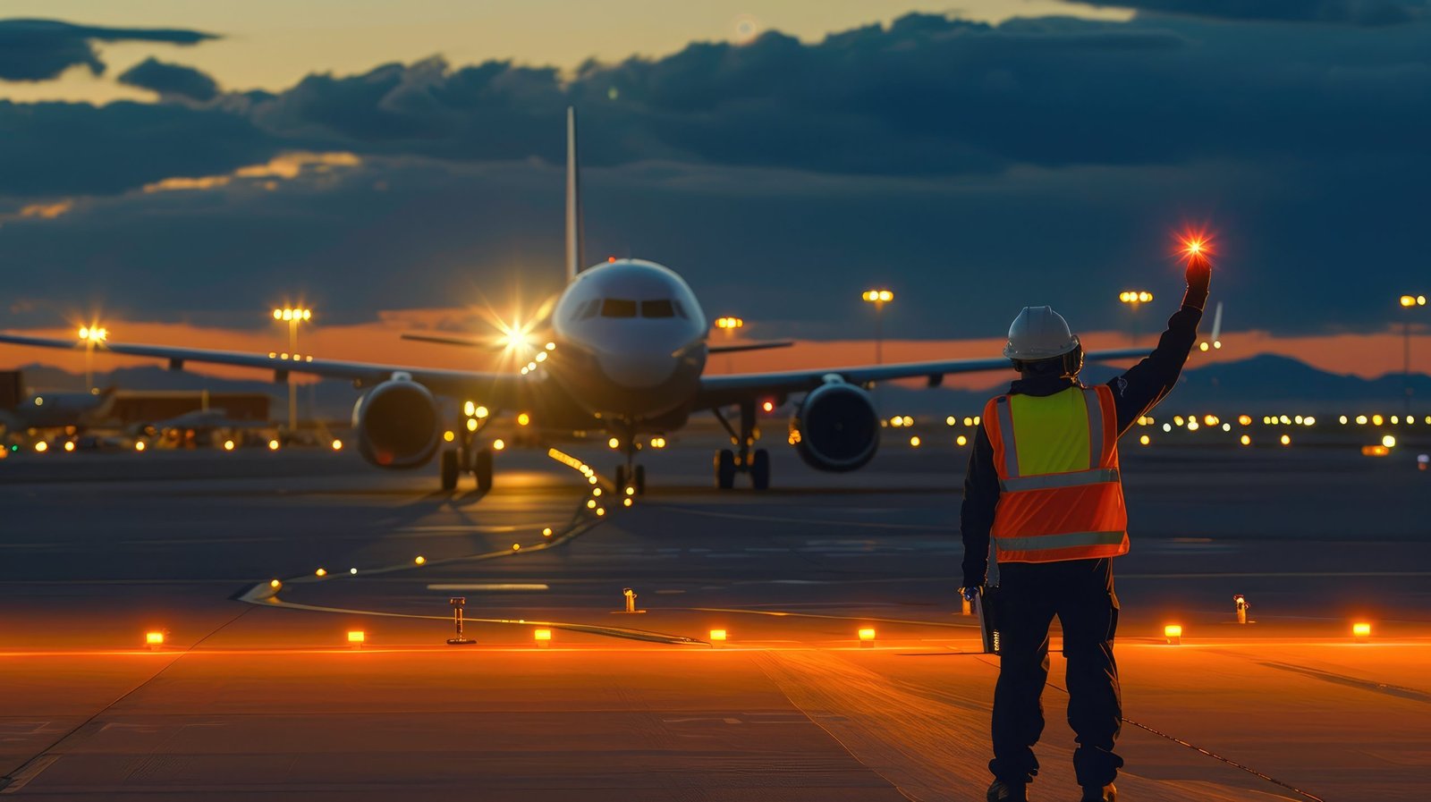 Ground crew guiding an airplane at Denver International